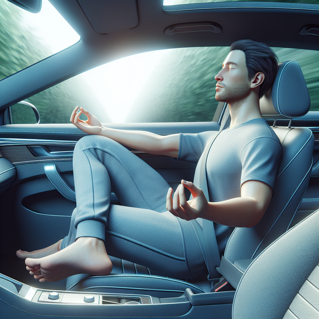 A person in a car looking relaxed while using breathing techniques to avoid motion sickness