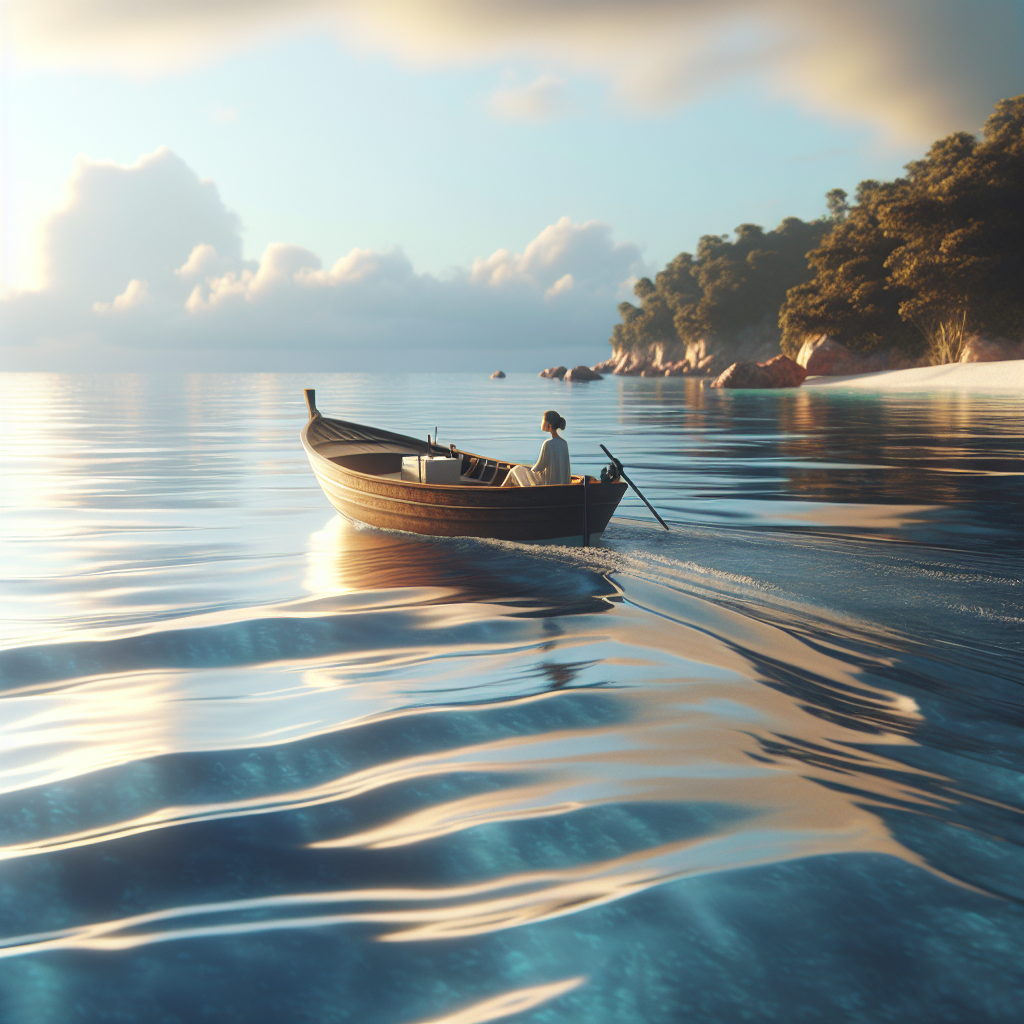 A serene ocean view with a boat gently swaying on the waves and a person looking relaxed and happy