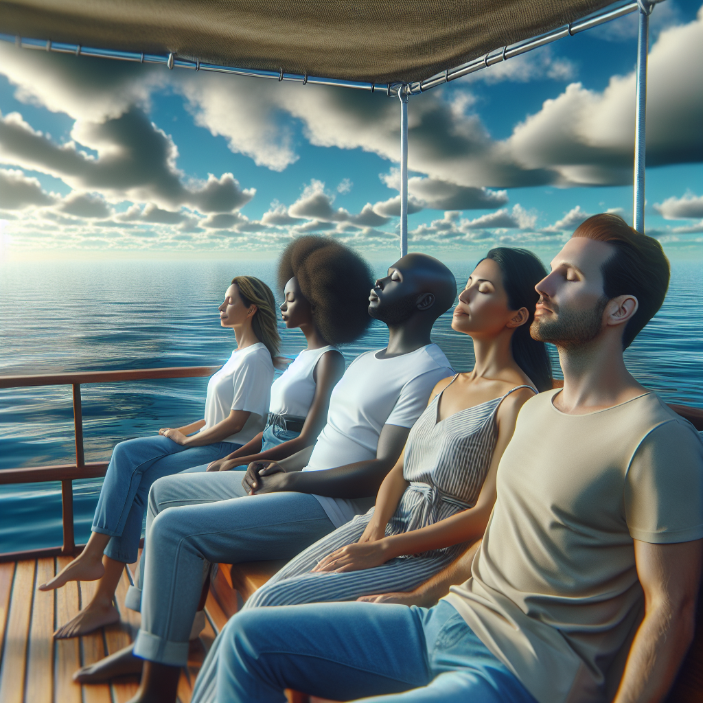 A serene scene on a boat with people enjoying the fresh air and ocean view, highlighting strategies against seasickness