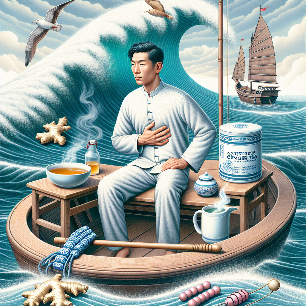 A person on a boat feeling seasick with various remedies around them like ginger tea and acupressure bracelets