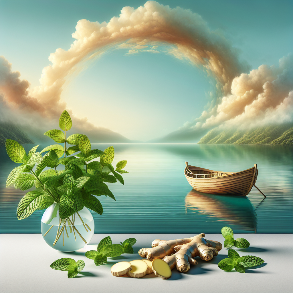 A serene boat on calm waters with ginger and peppermint displayed artistically in the foreground