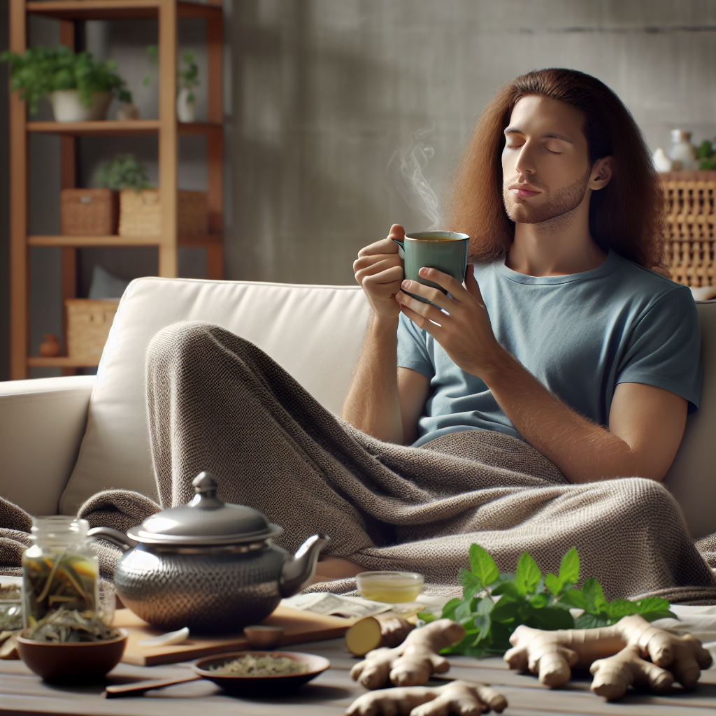 A comforting scene of a person sipping herbal tea while sitting on a couch with a peaceful expression, surrounded by natural remedies like ginger and peppermint leaves