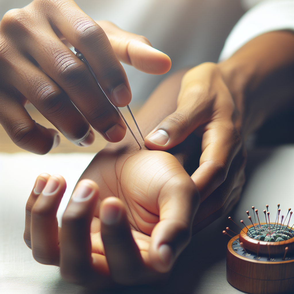 A close-up of hands applying pressure on the wrist to relieve nausea using acupressure techniques