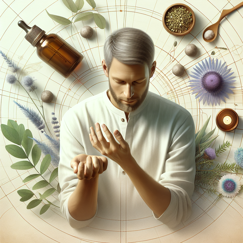 A soothing scene showing a person practicing acupressure on their wrist with calming essential oils and herbal remedies around them