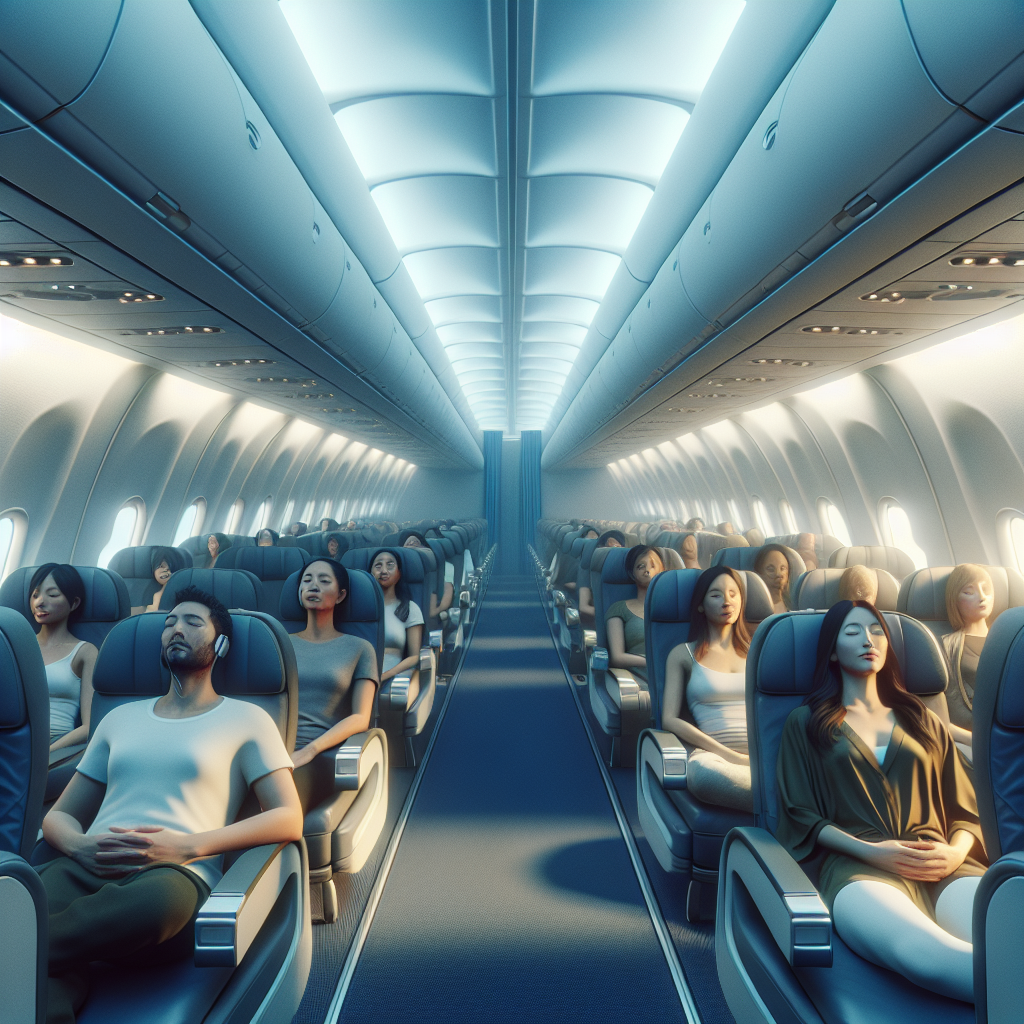 A serene airplane cabin with passengers looking relaxed and calm
