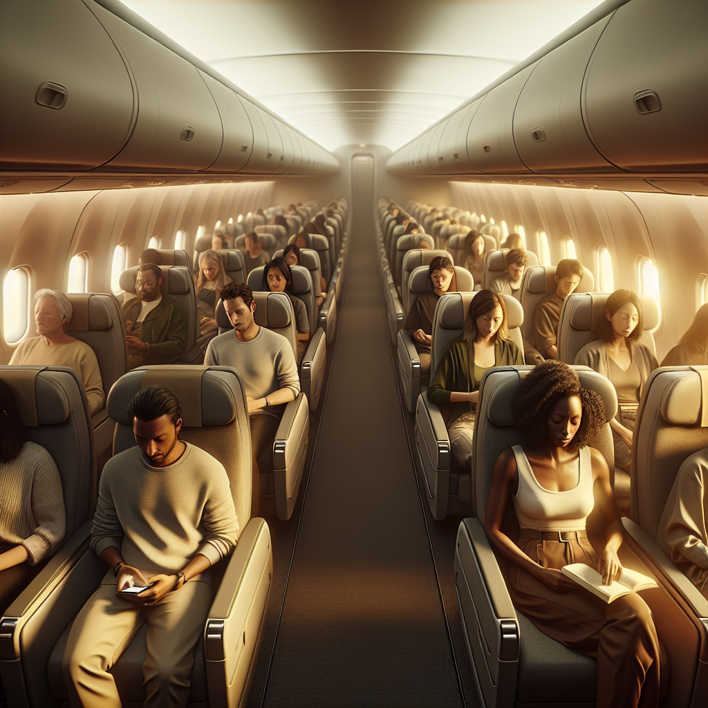 A calm and serene airplane cabin interior with passengers relaxing in their seats