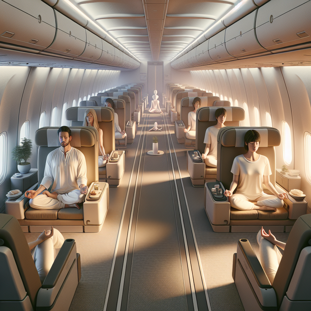 A calm airplane cabin with passengers practicing relaxation techniques