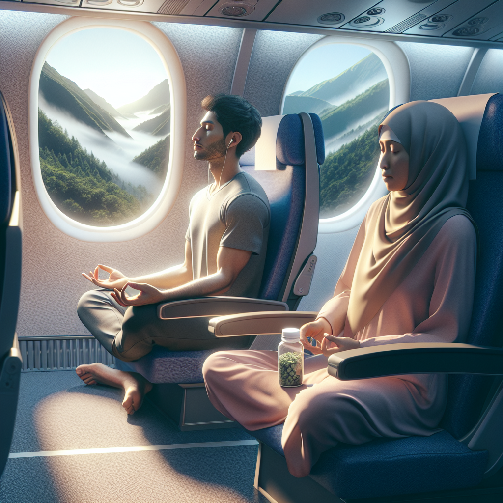 A calm airplane interior with a person practicing breathing exercises and another person using herbal tablets for anxiety relief
