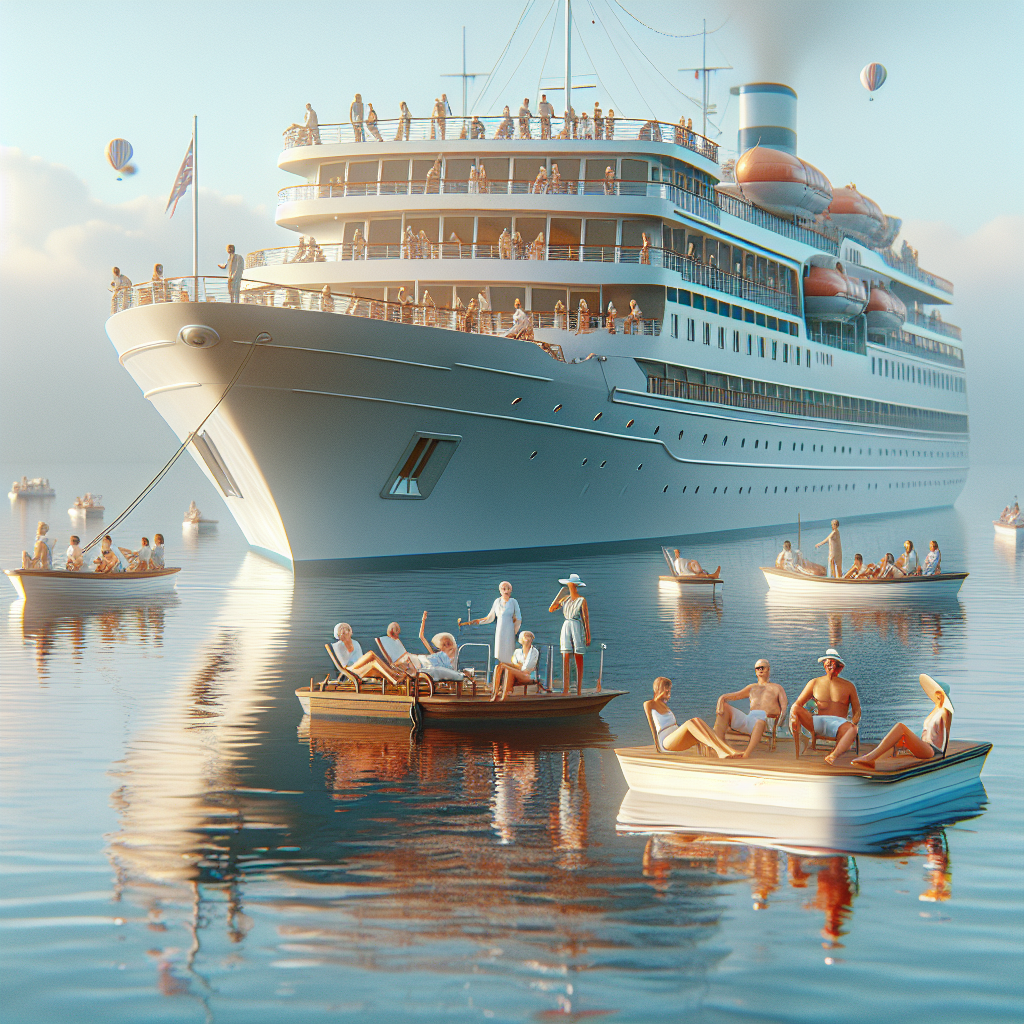A serene cruise ship on calm waters with happy passengers enjoying the view