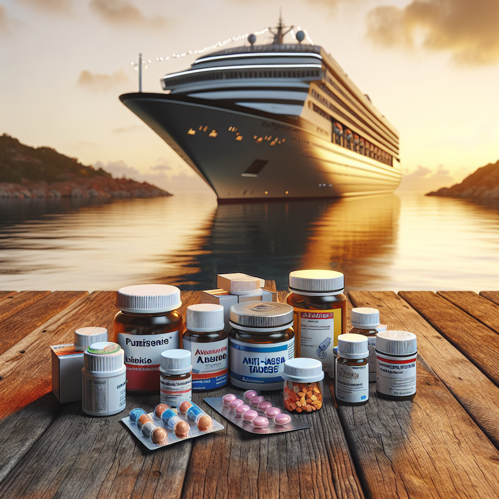 A collection of popular anti-nausea tablets for cruise travel displayed on a wooden table with a cruise ship in the background