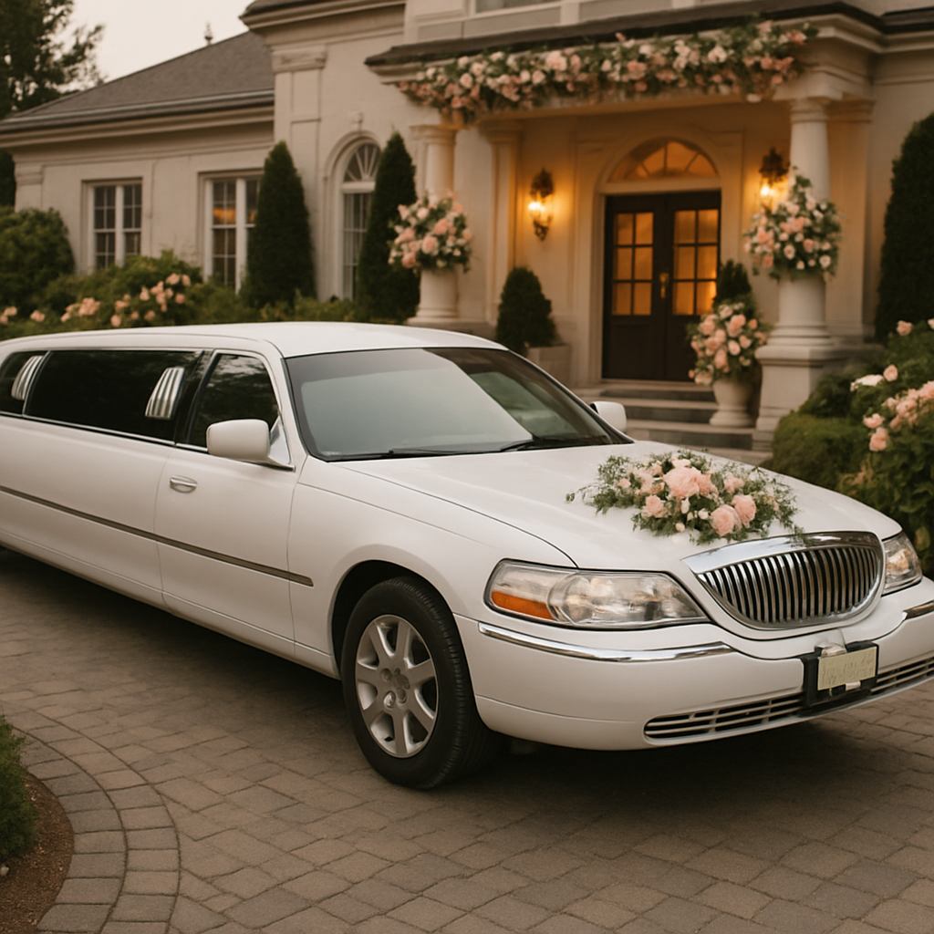 A stylish, elegant wedding limousine parked outside a beautiful venue on Long Island with flowers and decorations