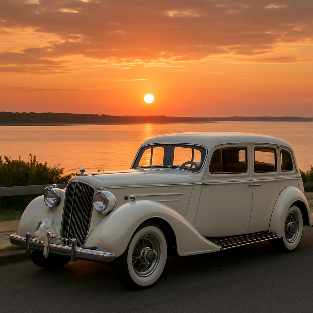 A beautiful vintage wedding car parked at a scenic location on Long Island during sunset