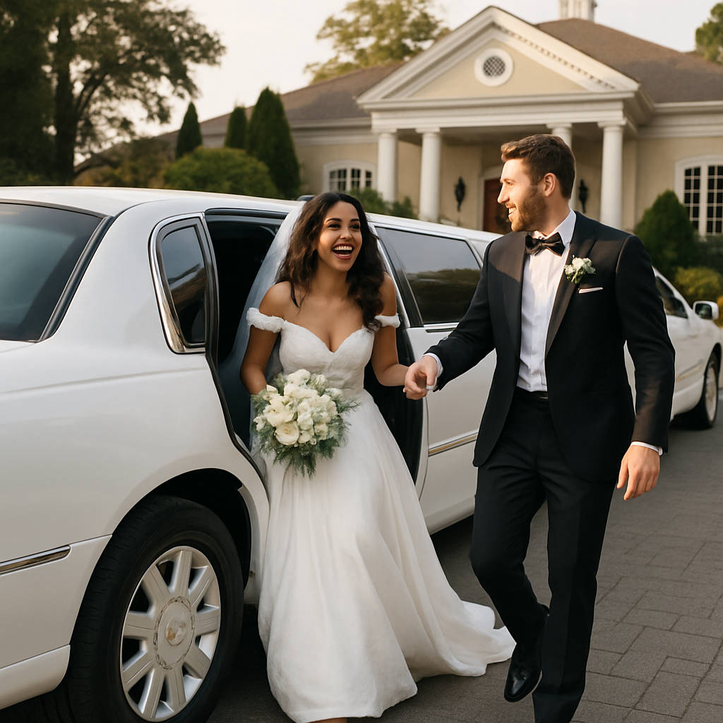 A couple happily stepping out of an elegant wedding limousine at their venue on Long Island