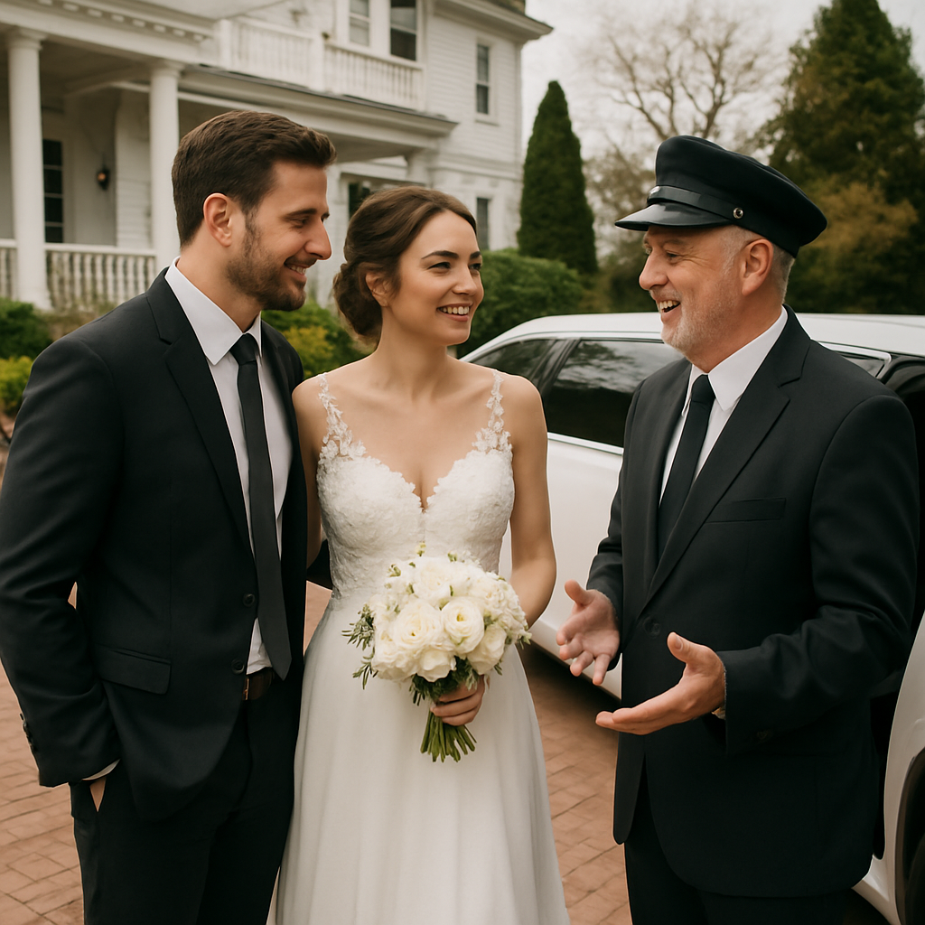 A couple discussing details with a friendly limo provider at their wedding venue on Long Island