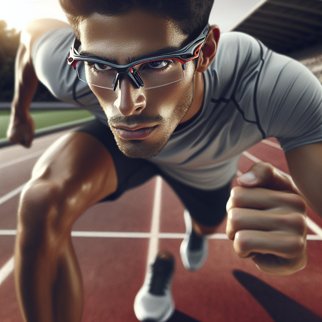 Um close-up de um corredor usando óculos de grau esportivos, em meio passo em uma pista de corrida, com detalhes claros dos óculos especializados