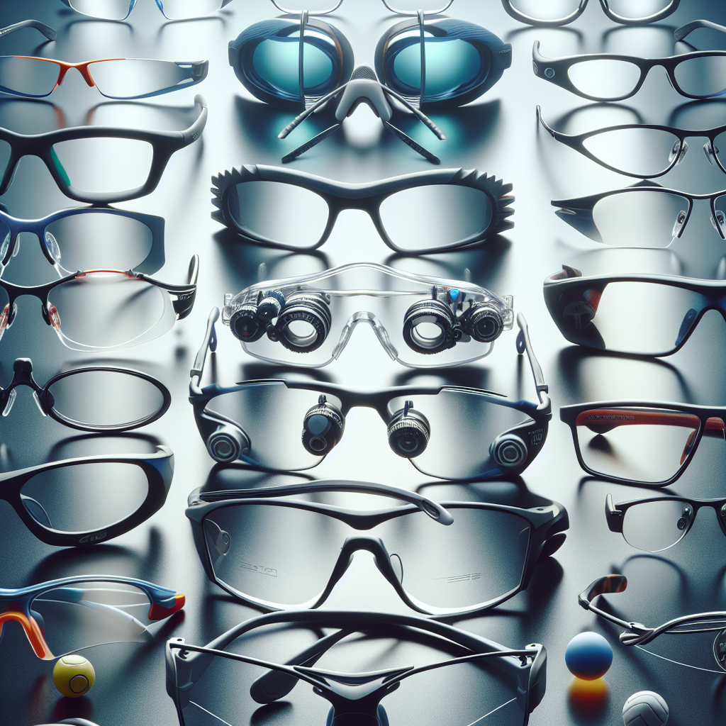 Coleção de óculos de grau esportivos para diferentes esportes, projetados profissionalmente, mostrando uma variedade de armações e tipos de lentes