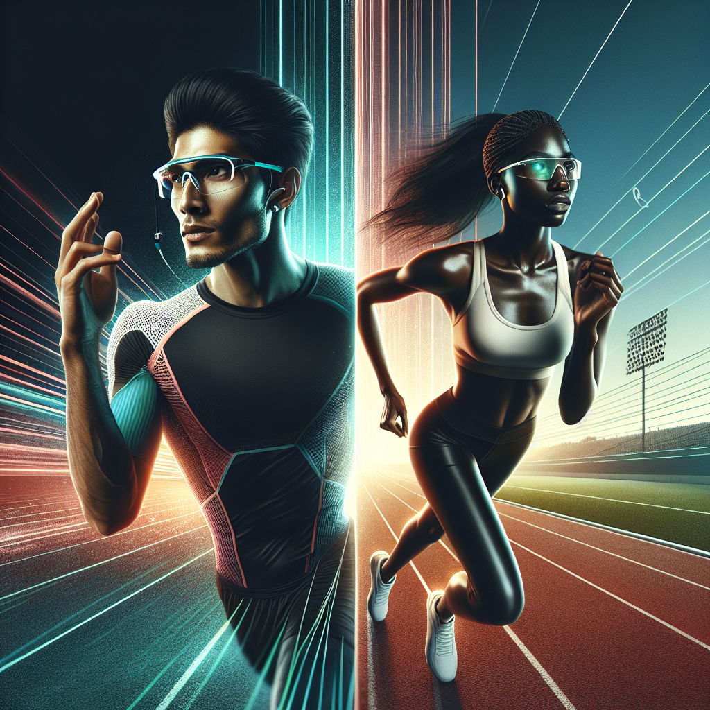 A split image comparing a runner wearing sports eyeglasses and another wearing contact lenses, with a running track in the background
