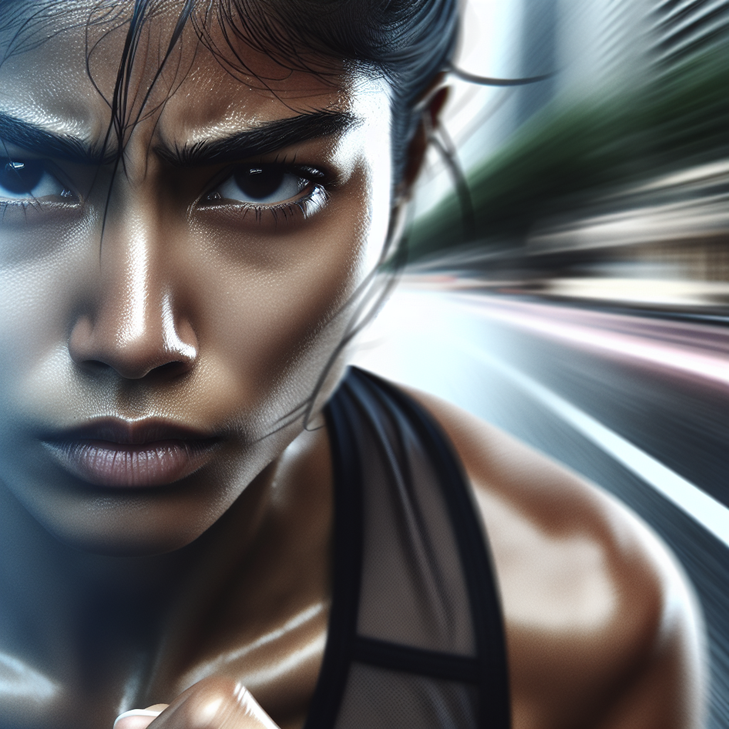 Close-up of a runner's face showing visual strain, with blurry background representing vision challenges during running