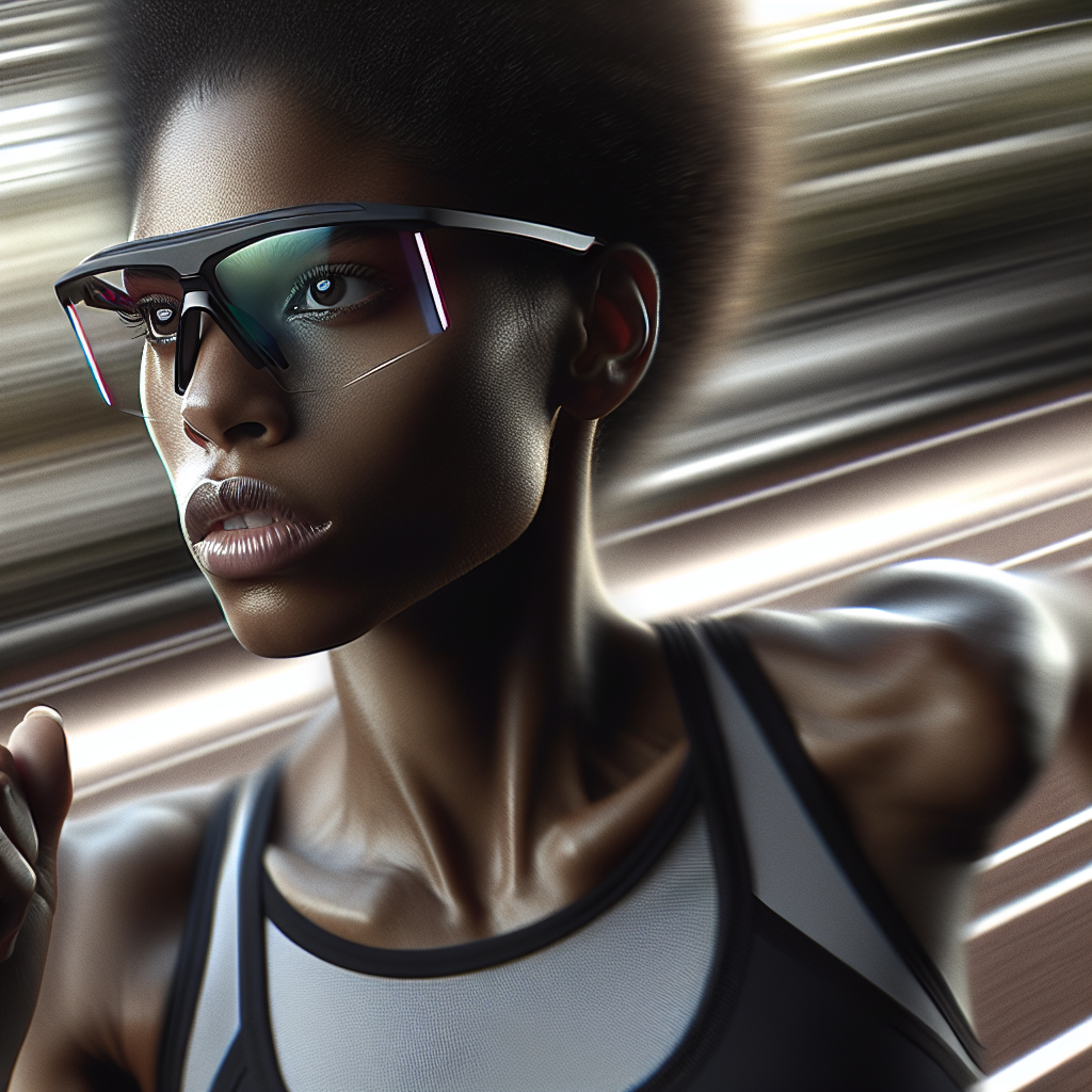 A dynamic close-up of a runner wearing sleek, lightweight sports prescription glasses, with a blurred running track in the background