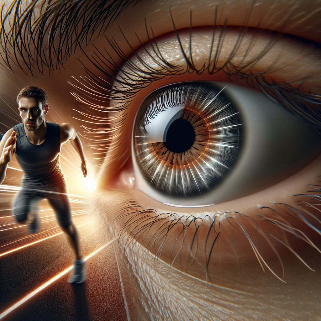 Close-up of a runner's eye with a contact lens, showing clear, unobstructed vision during a dynamic running motion