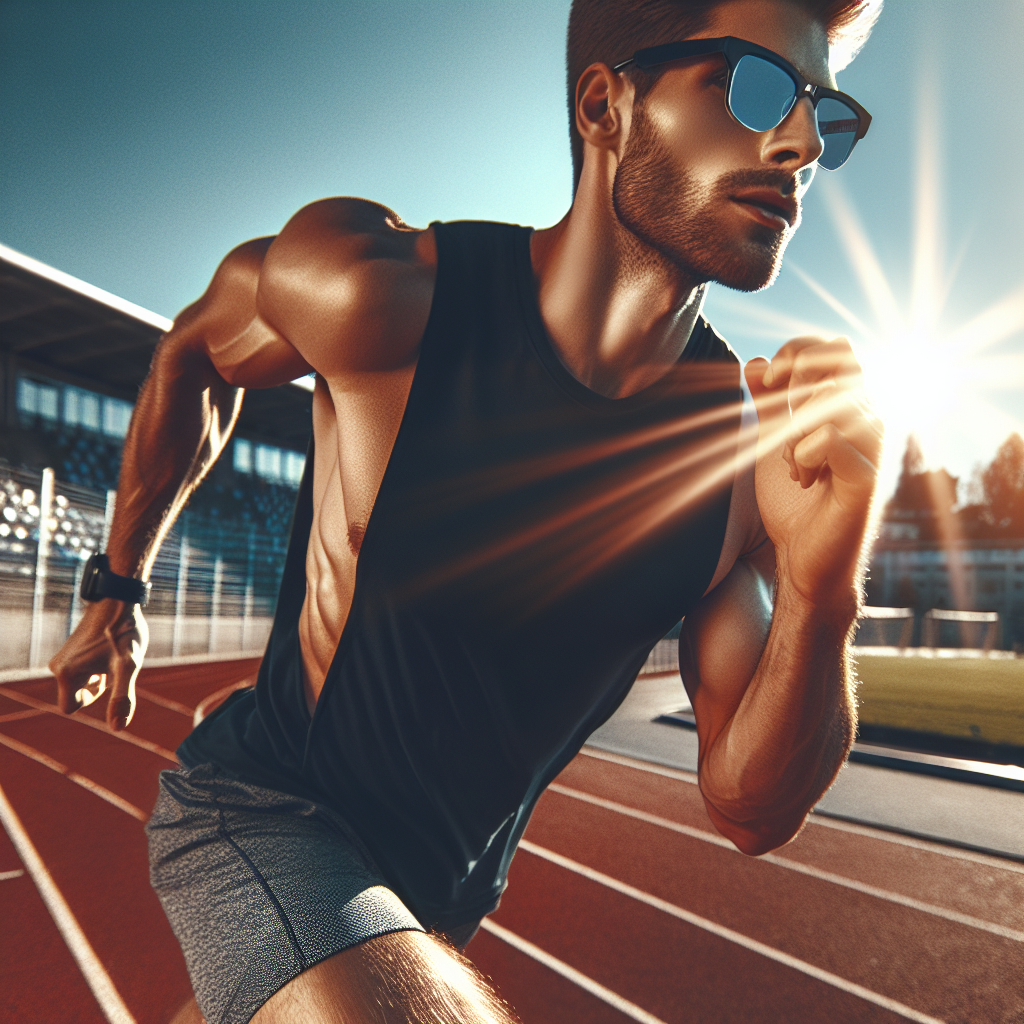 Um corredor usando óculos de sol esportivos em uma pista ao ar livre sob luz solar intensa