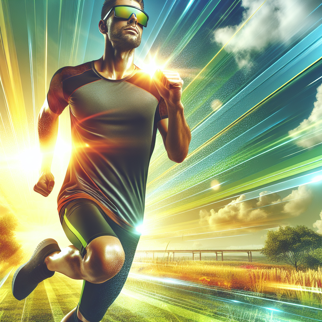 Um corredor usando óculos de sol esportivos modernos durante uma corrida ao ar livre, com um fundo ensolarado e vibrante