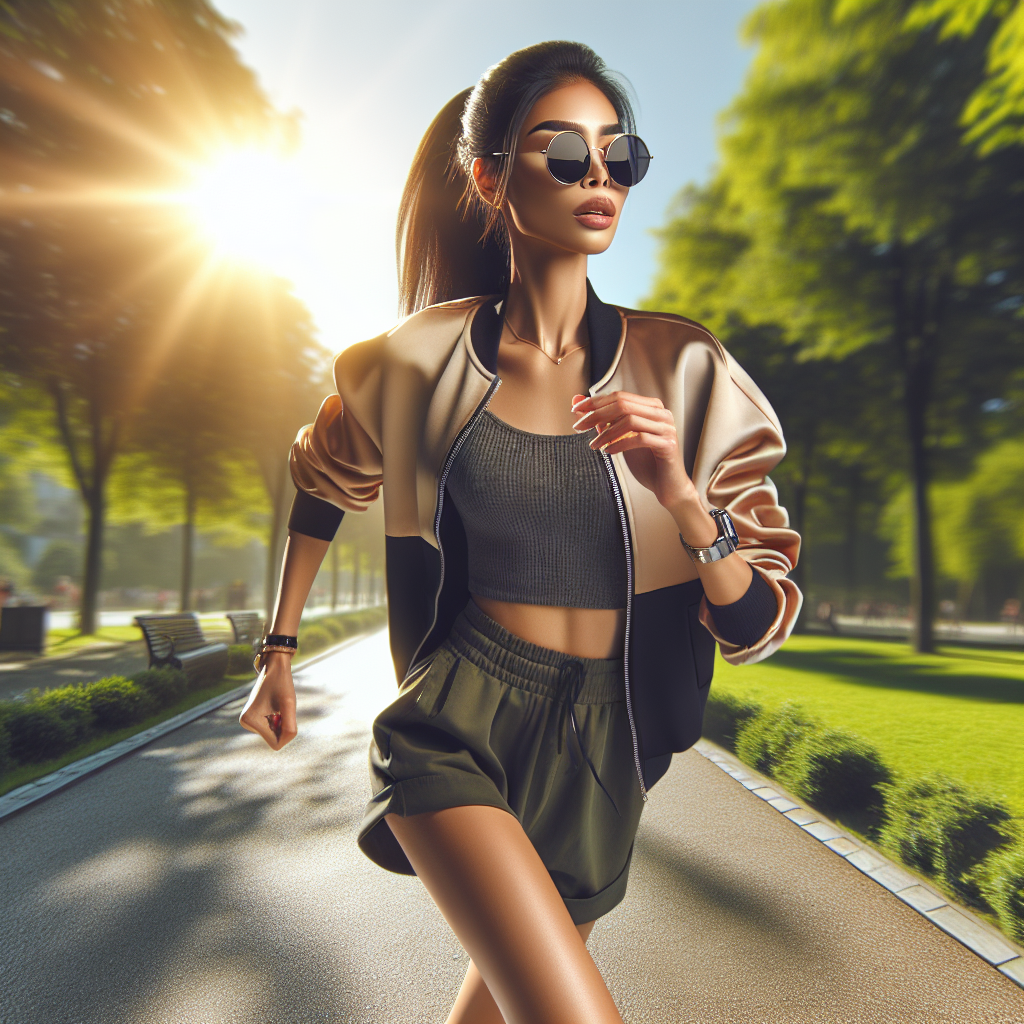 A stylish female runner wearing round sunglasses while jogging in a bright sunny park, showcasing a blend of fashion and athleticism