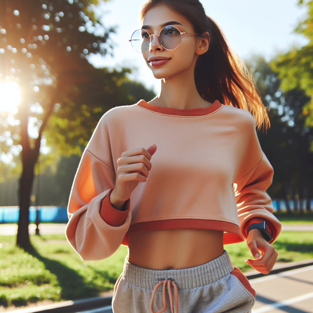 Uma corredora usando óculos redondos estilosos, vestindo roupas casuais de corrida em um parque ensolarado