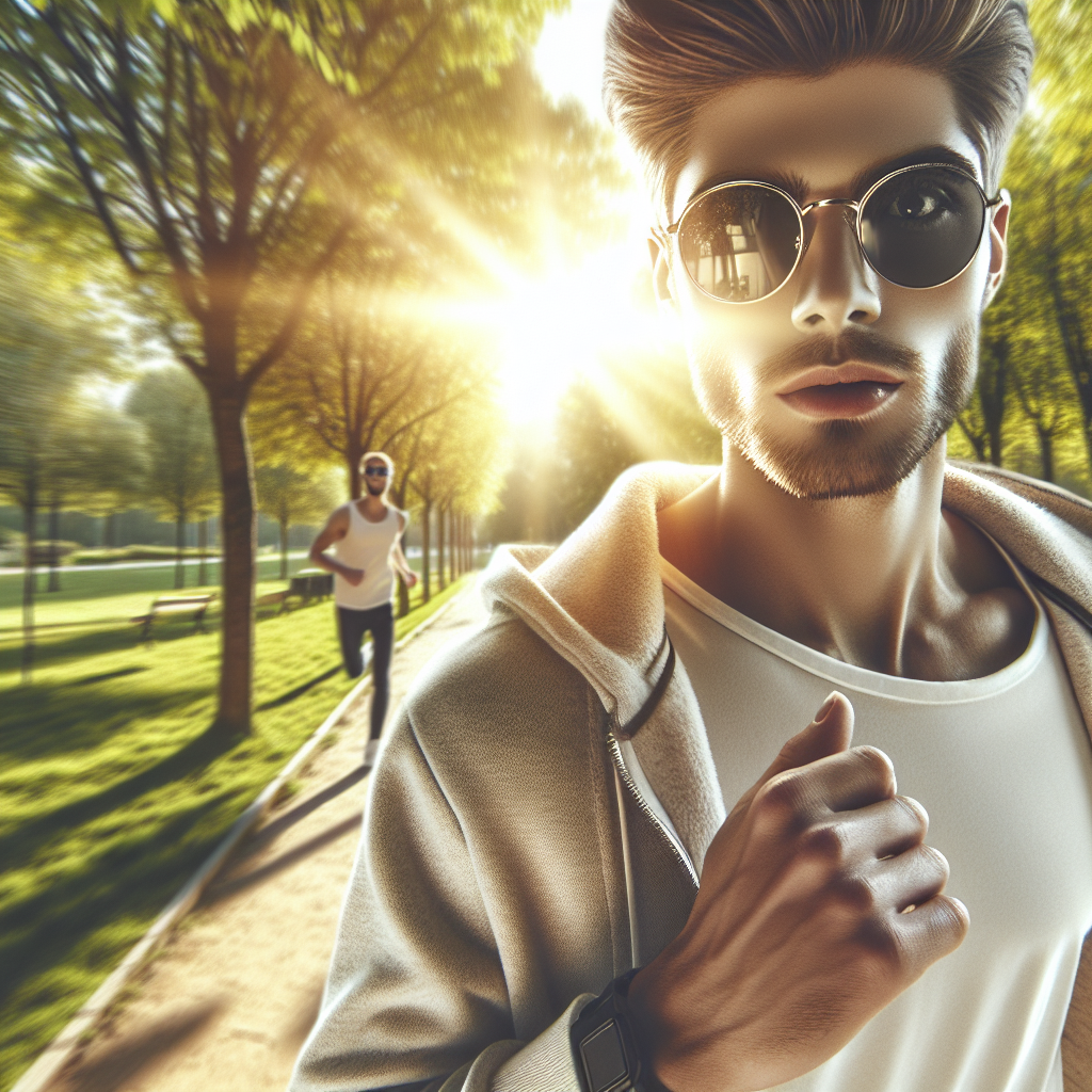 A stylish runner wearing round sunglasses while jogging in a sunny park setting