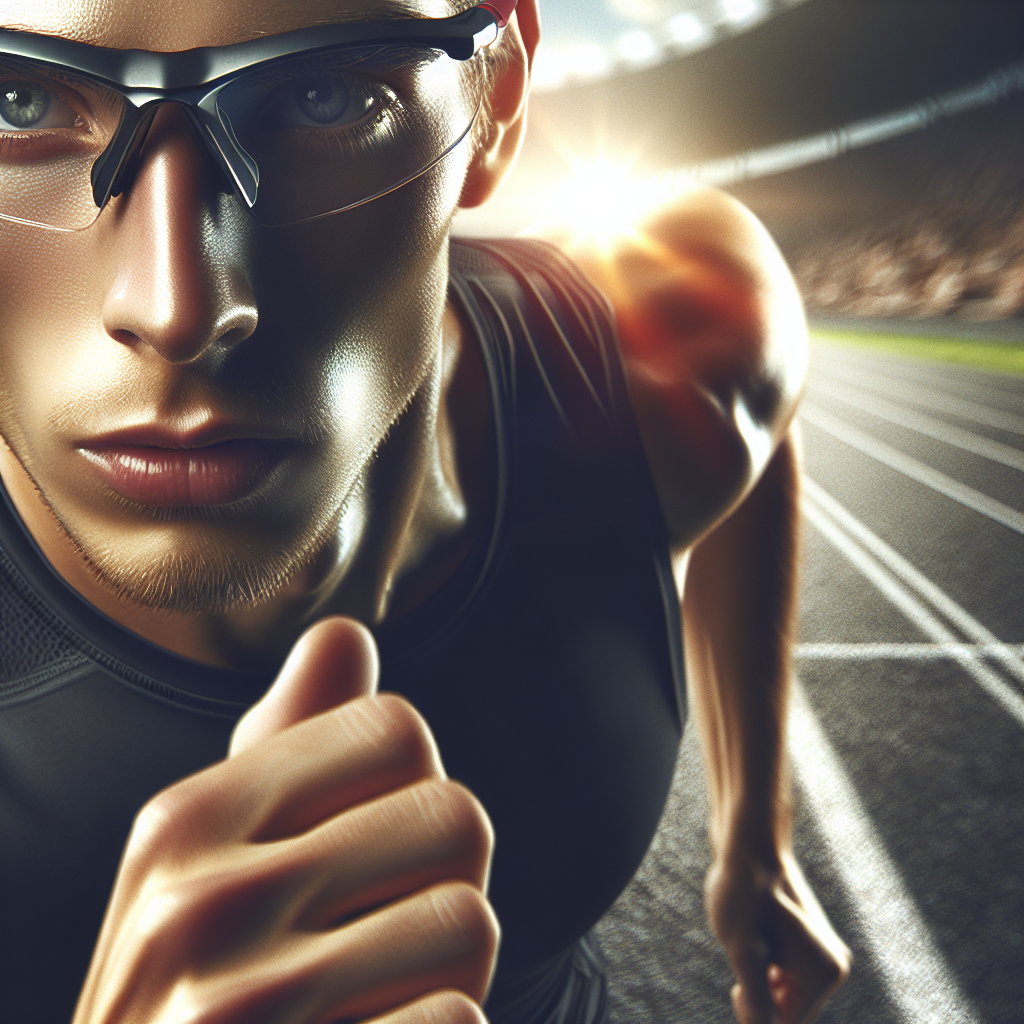 A runner wearing specialized sports eyeglasses, close-up view showing the ergonomic design and lightweight frame, with a blurred running track in the background
