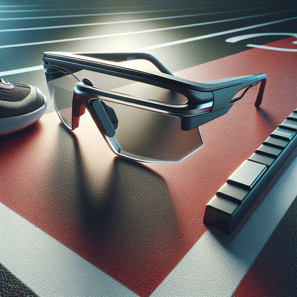 Modern, high-tech sports eyeglasses for runners with lightweight materials, showcasing innovative design and futuristic aesthetics, placed on a sleek running track