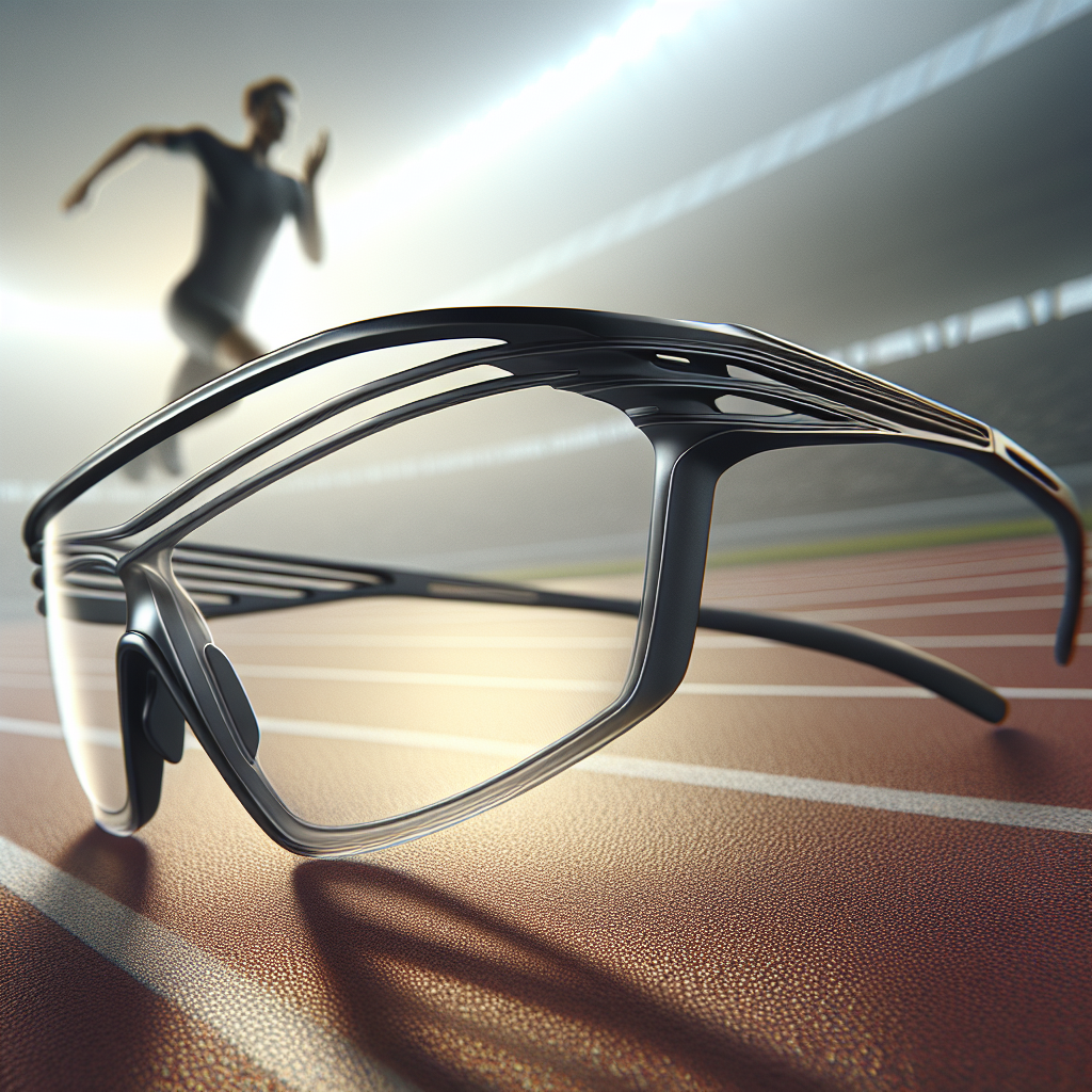 Close-up of a high-performance running eyeglass frame showcasing its lightweight and flexible design, with technical materials and ergonomic curves, against a blurred running track background
