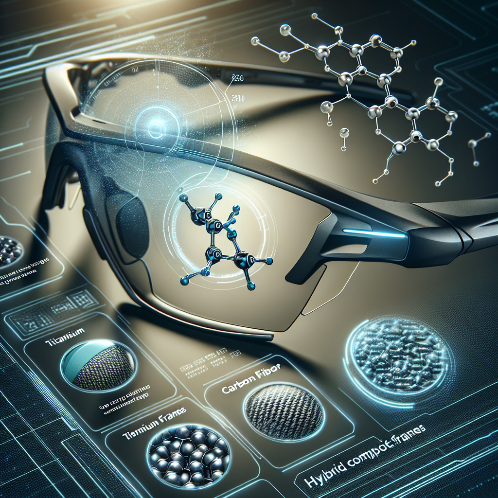 Scientific visualization of innovative sports eyewear materials - close-up of lightweight titanium, carbon fiber, and hybrid composite frames with molecular structure overlay, technical and futuristic