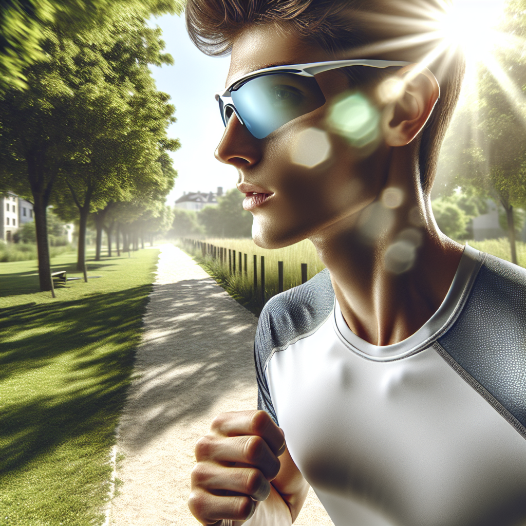 Um corredor usando óculos esportivos modernos em um parque ensolarado