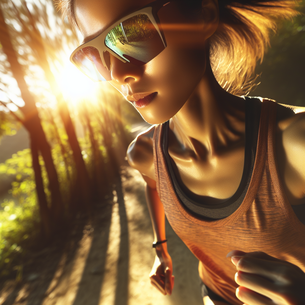 Um corredor usando óculos de sol esportivos leves em uma trilha ao ar livre sob luz solar intensa