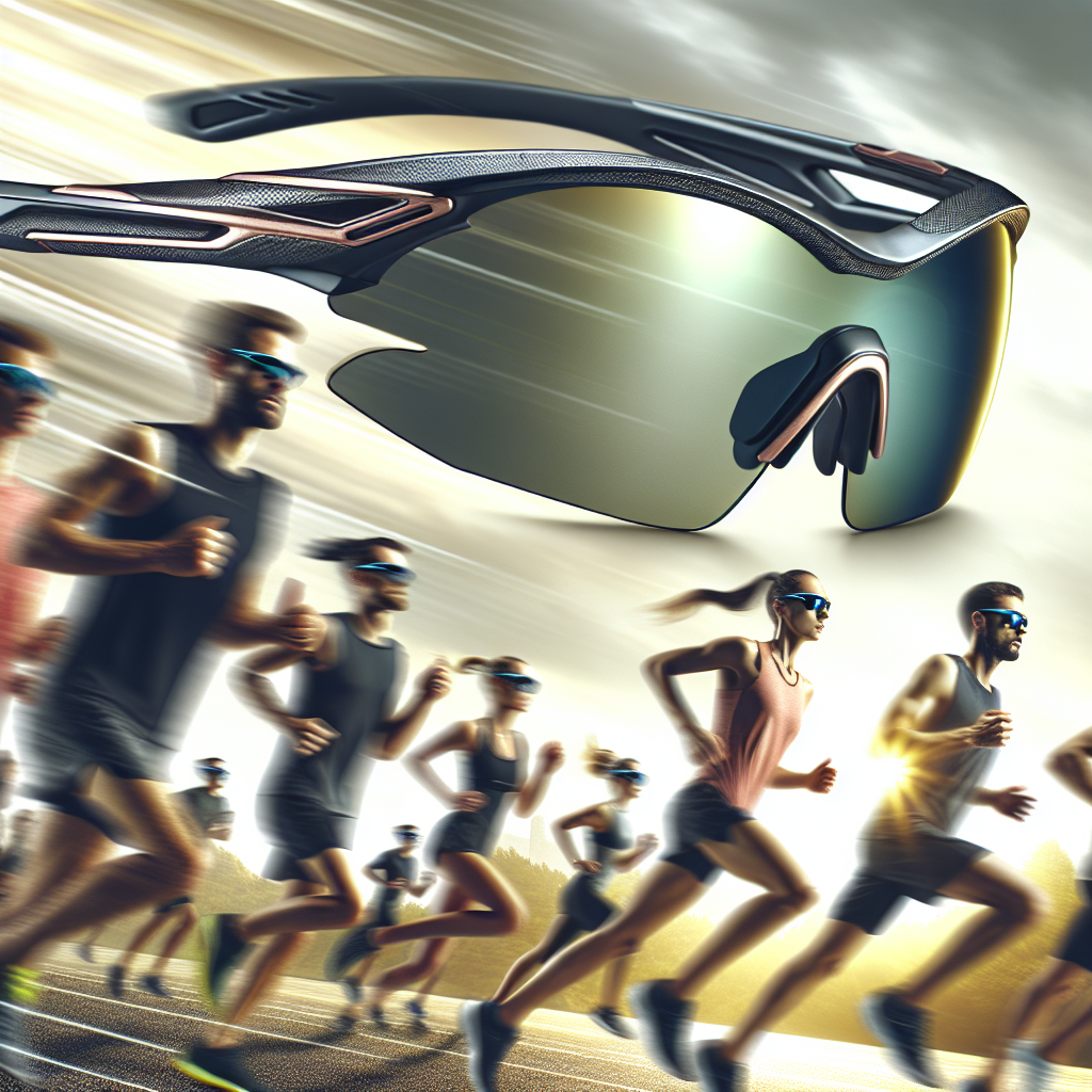 Top running sunglasses displayed in an outdoor setting with runners in the background
