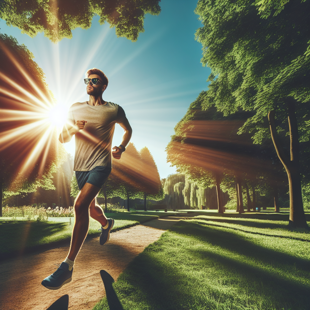 A runner wearing stylish sunglasses while jogging in a sunny park