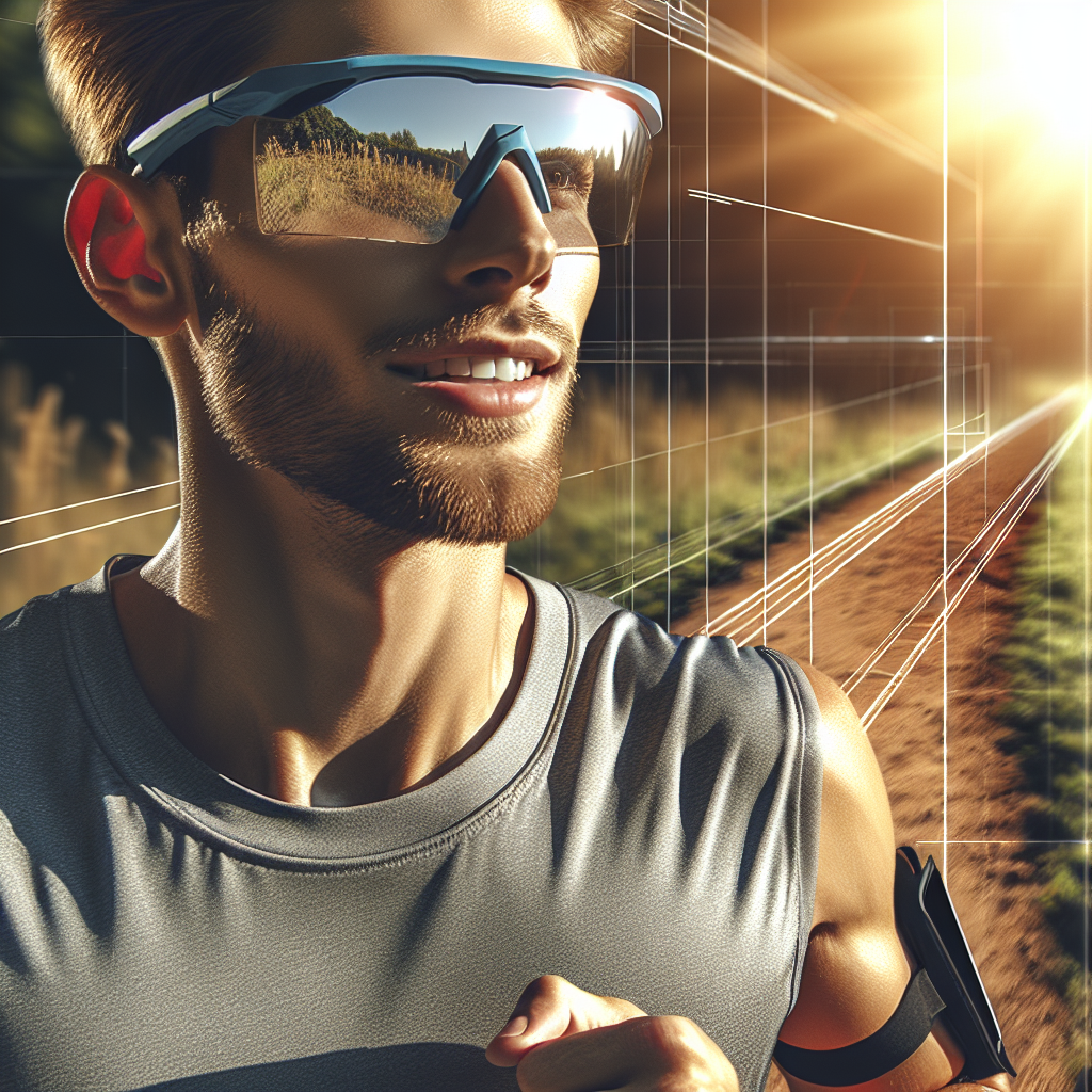 Um corredor usando óculos esportivos modernos em uma trilha ensolarada