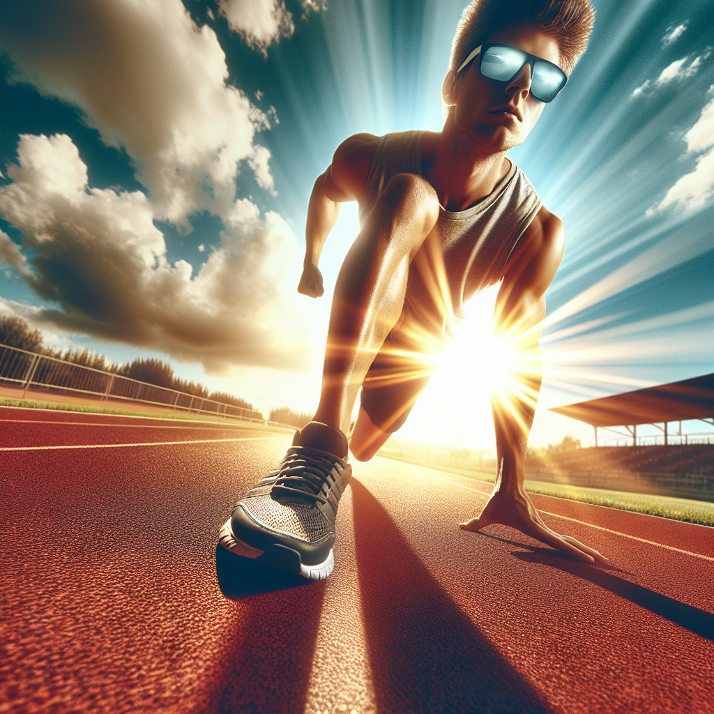 Um corredor usando óculos esportivos em uma pista ao ar livre sob um céu ensolarado