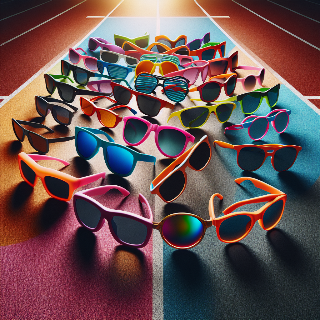 A vibrant display of various running sunglasses on a track background