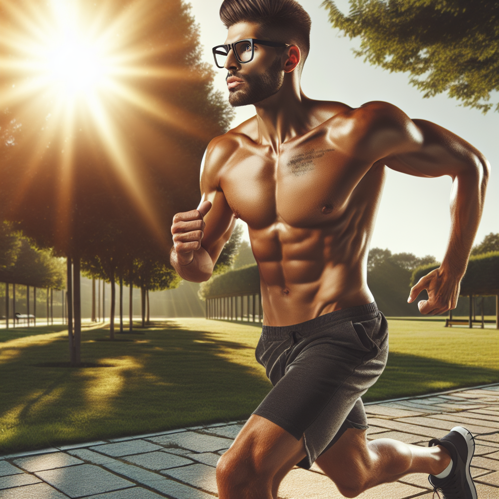 Um atleta usando óculos esportivos de grau enquanto corre em um parque ensolarado