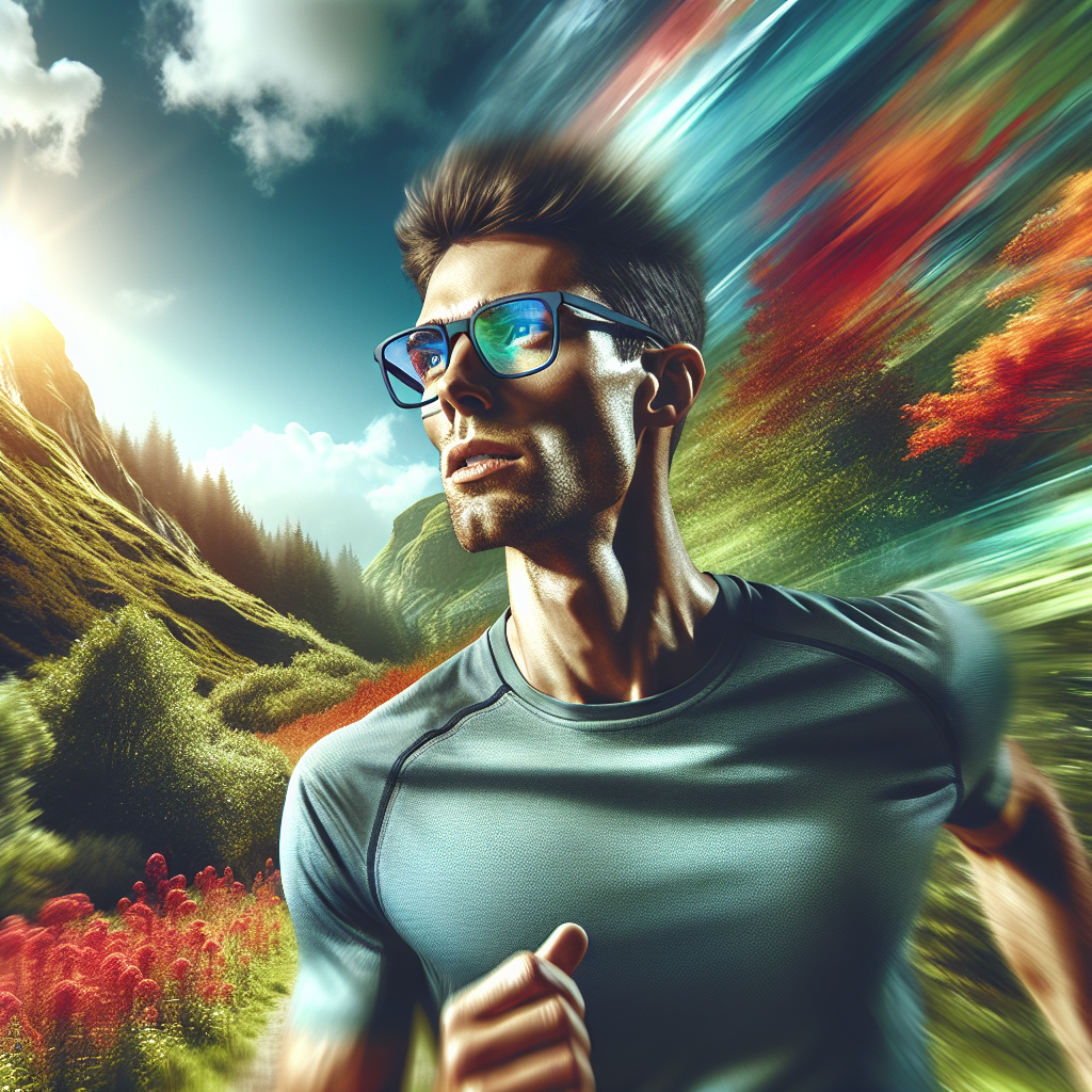 Um atleta usando óculos esportivos de grau em uma corrida ao ar livre, com um fundo vibrante de natureza
