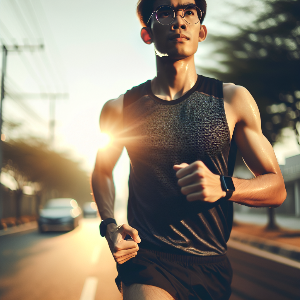 Um corredor usando &oacute;culos esportivos em uma corrida ao ar livre sob luz solar intensa