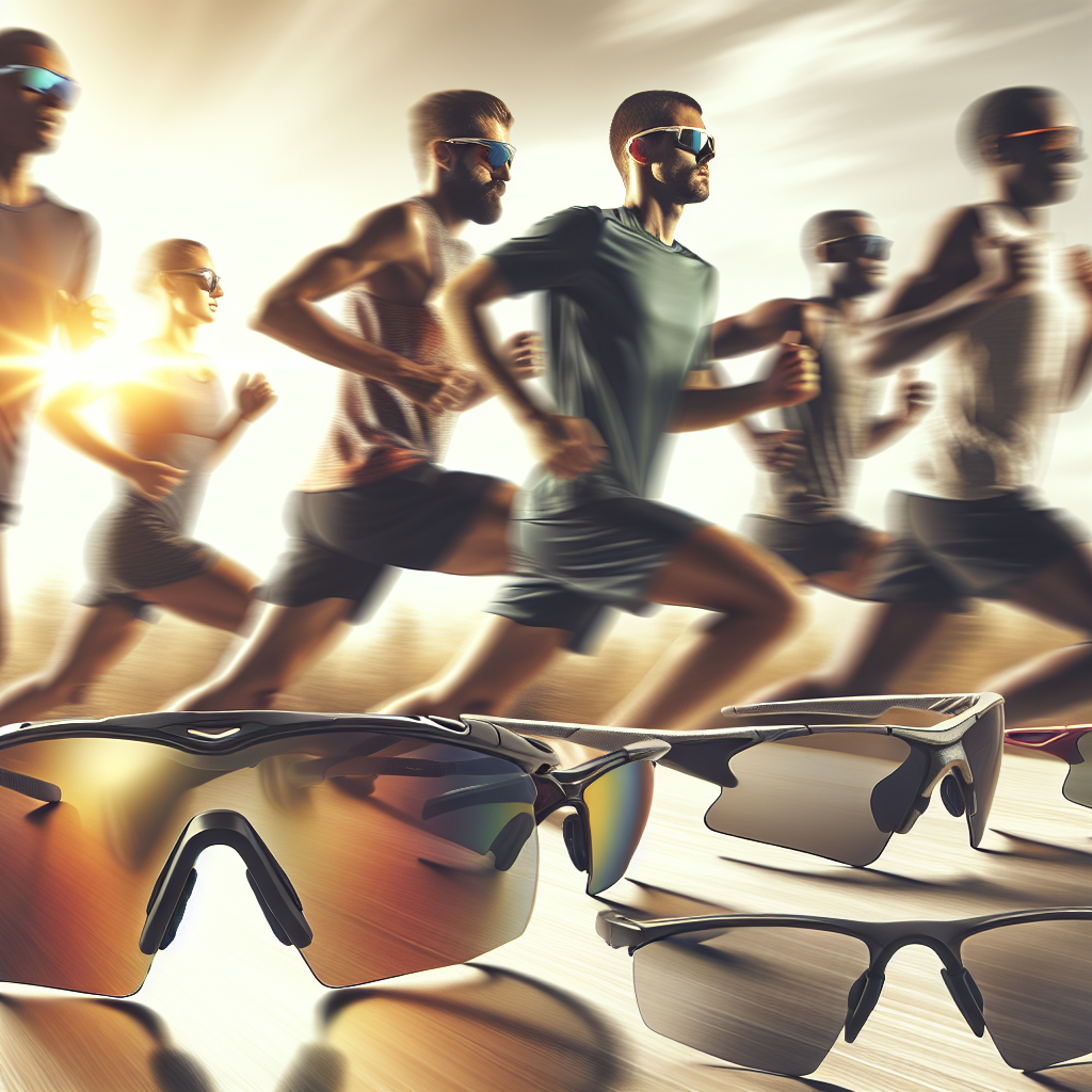 A collection of the top running sunglasses displayed in an outdoor setting with runners in the background
