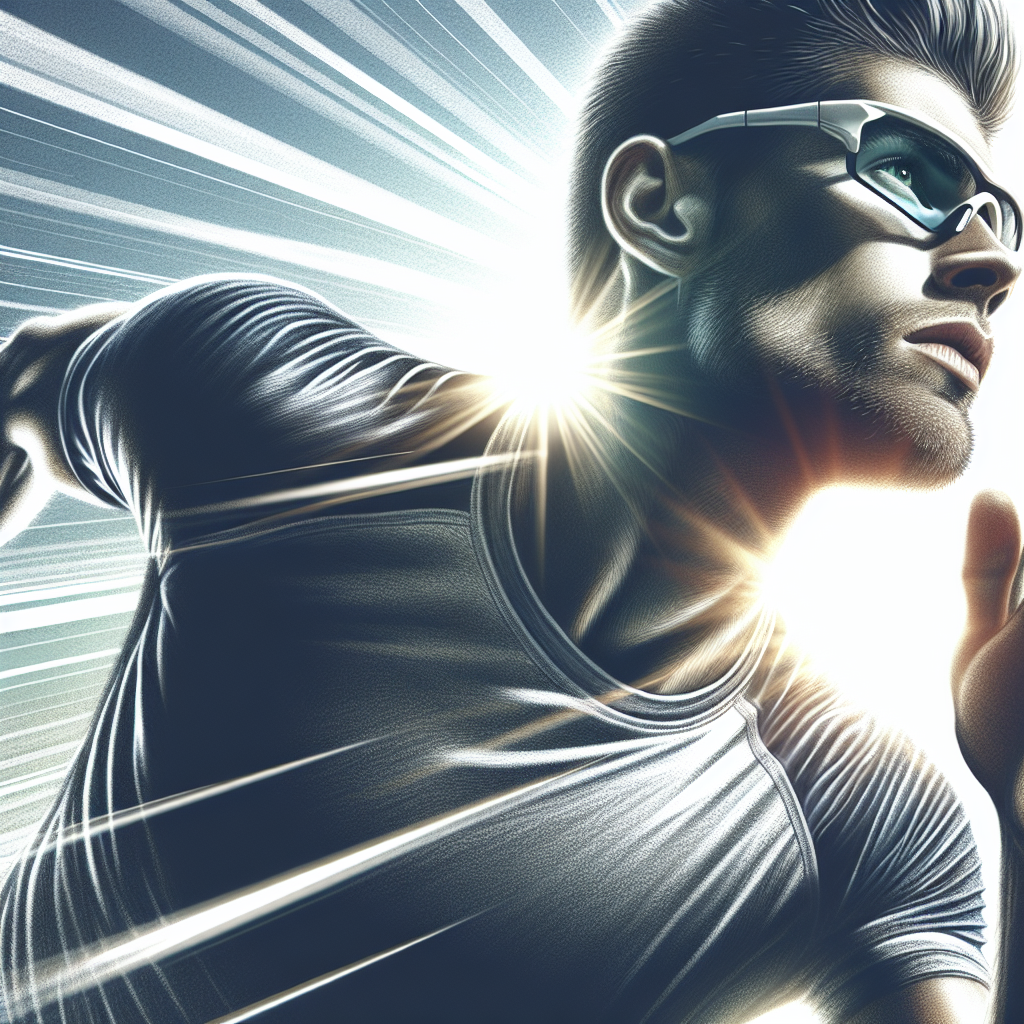 Um atleta usando &oacute;culos esportivos graduados durante uma corrida ao ar livre sob sol brilhante