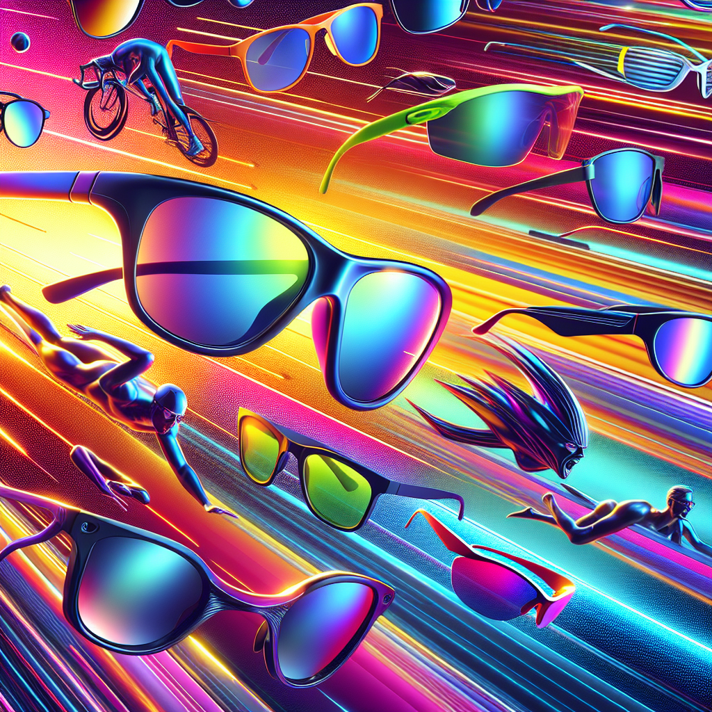 Uma cole&ccedil;&atilde;o vibrante de diferentes tipos de &oacute;culos esportivos com grau em um fundo din&acirc;mico, mostrando cada estilo espec&iacute;fico como ciclismo, corrida e nata&ccedil;&atilde;o