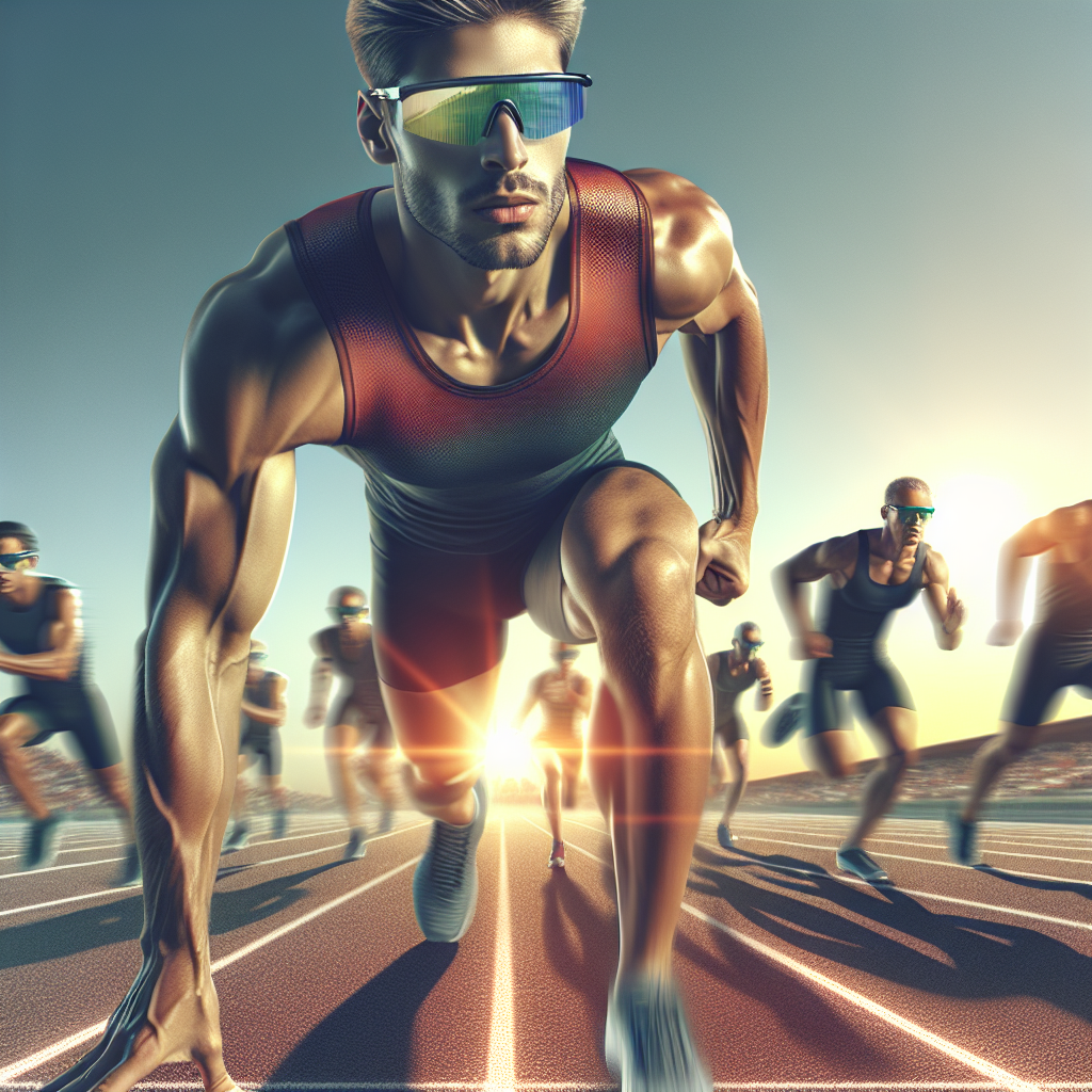 Um atleta usando &oacute;culos esportivos graduados em a&ccedil;&atilde;o durante uma corrida ao ar livre