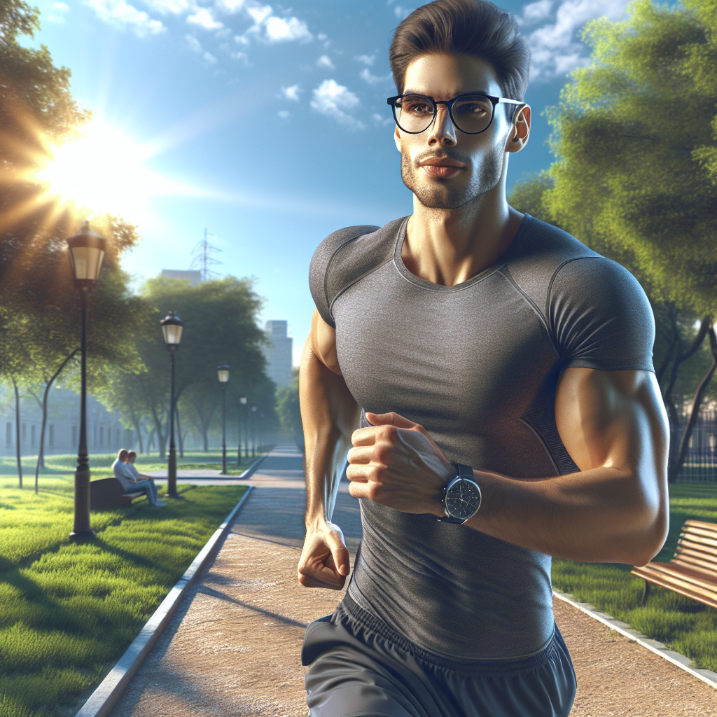 Um atleta usando &oacute;culos graduados enquanto corre em um parque ensolarado