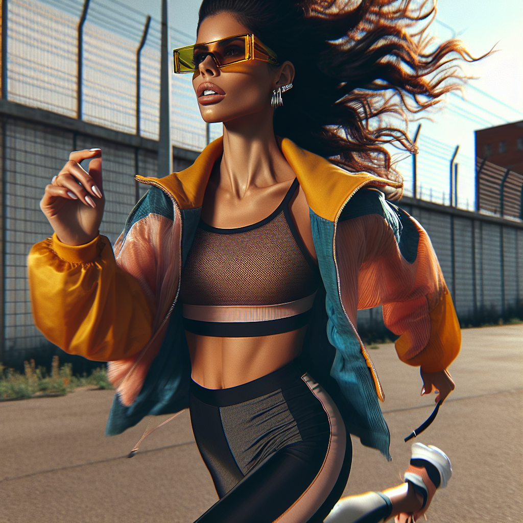 A stylish woman running outdoors wearing fashionable sports sunglasses