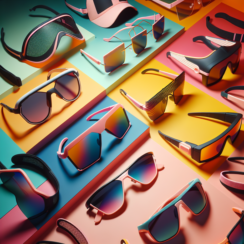 feminine sports sunglasses collection displayed on a vibrant background